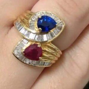 Solid 18K Baguette Diamond Ruby & Sapphire Ring